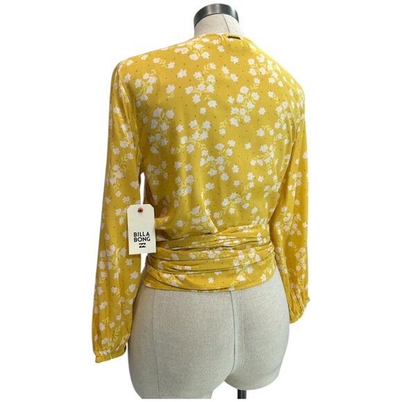 BILLABONG Love Wrapped Crop Top Sz L Yellow Floral Peasant Long Sleeve Tie Waist - Picture 10 of 14